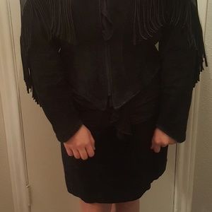 Vngt Leather Suede Fringe Jacket and Mini Skirt